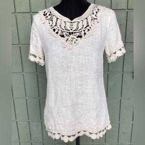 Elena Baldi Italy Womens Top Blouse Size S Cream Tan Ivory Linen Lace Fringe.